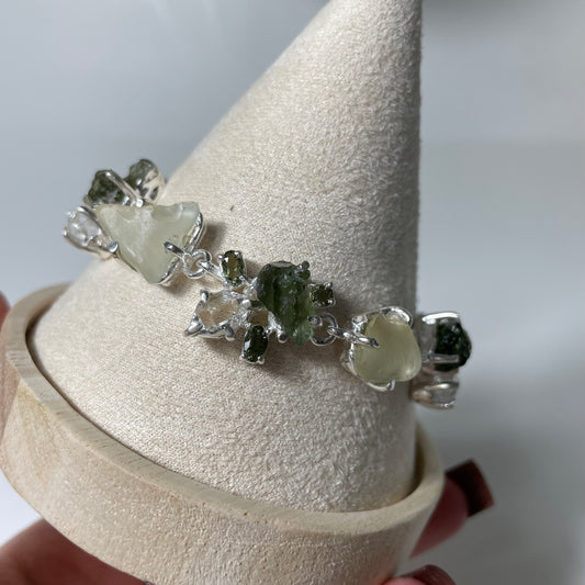 Moldavite, Herkimer, and Libyan Desert Sterling Silver Toggle Bracelet