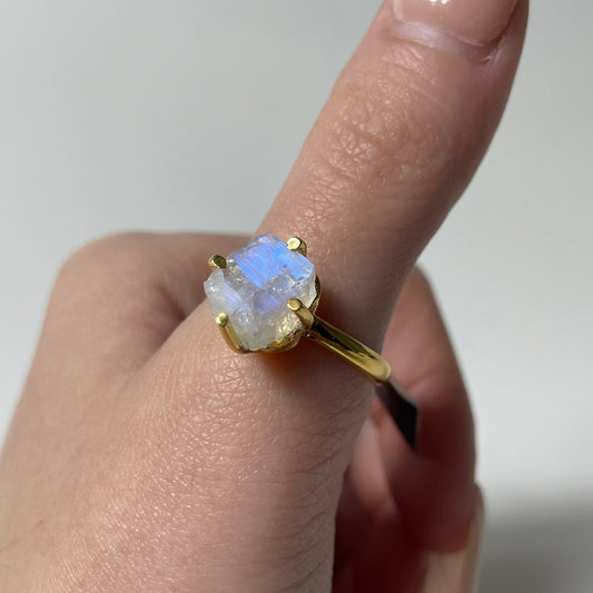 Gold Plated Rough Rainbow Moonstone Ring (Size 10)
