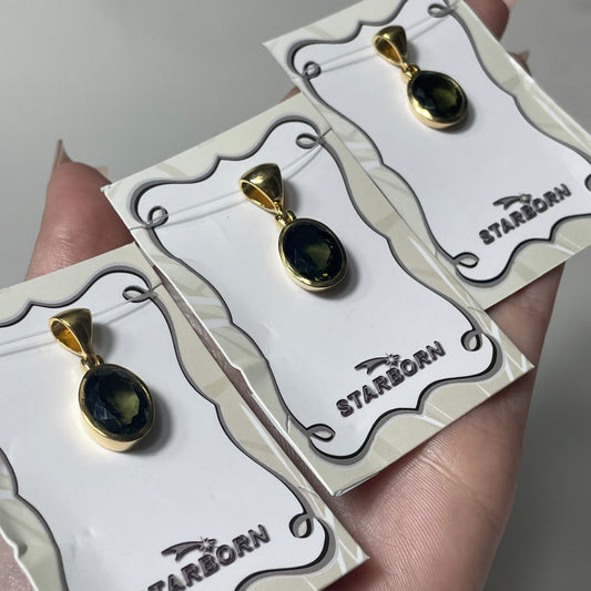 Gold Plated Faceted Moldavite Pendant: You Choose