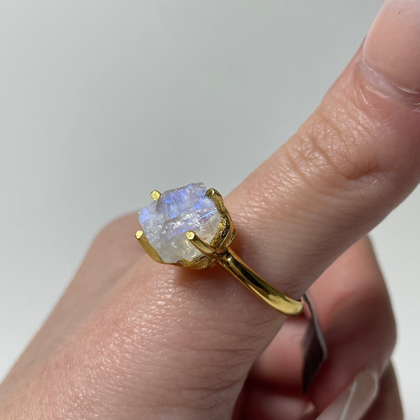 Gold Plated Rough Rainbow Moonstone Ring (Size 10)