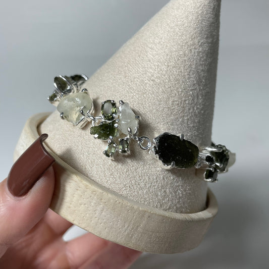 Moldavite and Libyan Desert Sterling Silver Toggle Bracelet