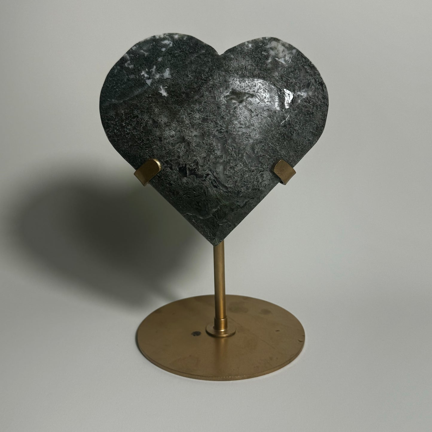 Moss Agate Heart Carving on Stand “C”