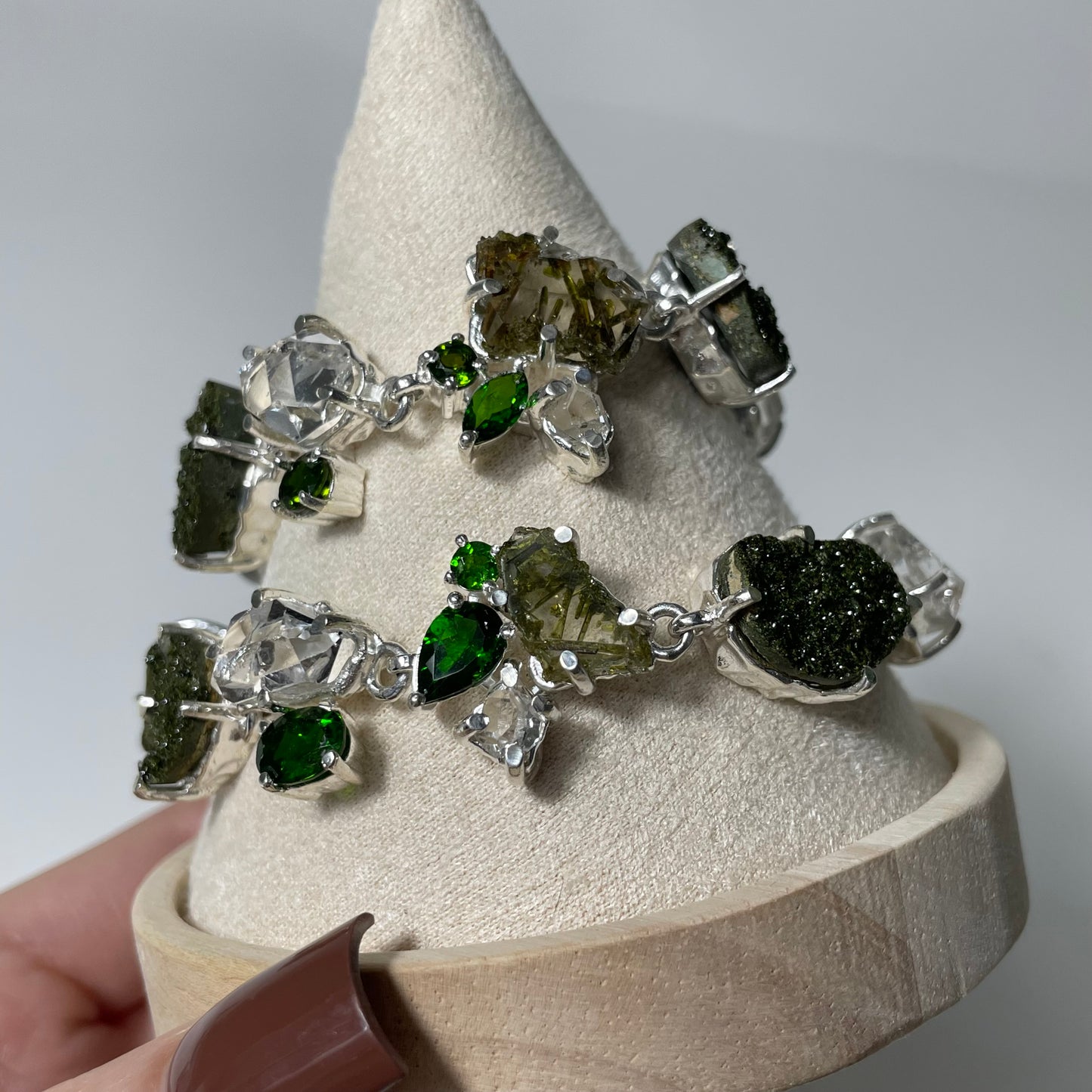 Epidote with Quartz, Herkimer, and Chrome Diopside Sterling Silver Toggle Bracelet: You Choose