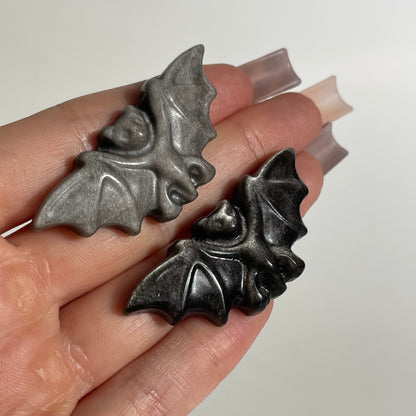 Silver Sheen and Black Obsidian Flat Bat Carving