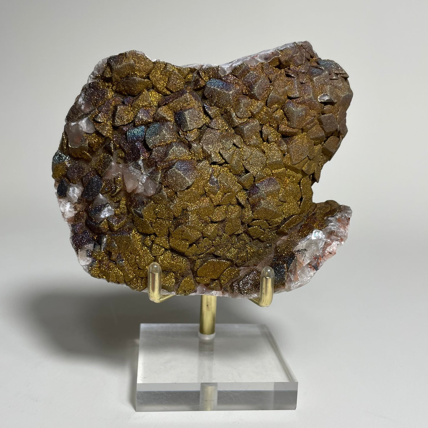 Iridescent Chalcopyrite on Calcite Specimen from China with Stand