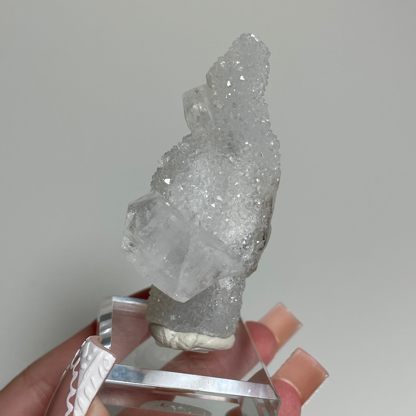 Apophyllite on White Chalcedony Specimen from India: You Choose