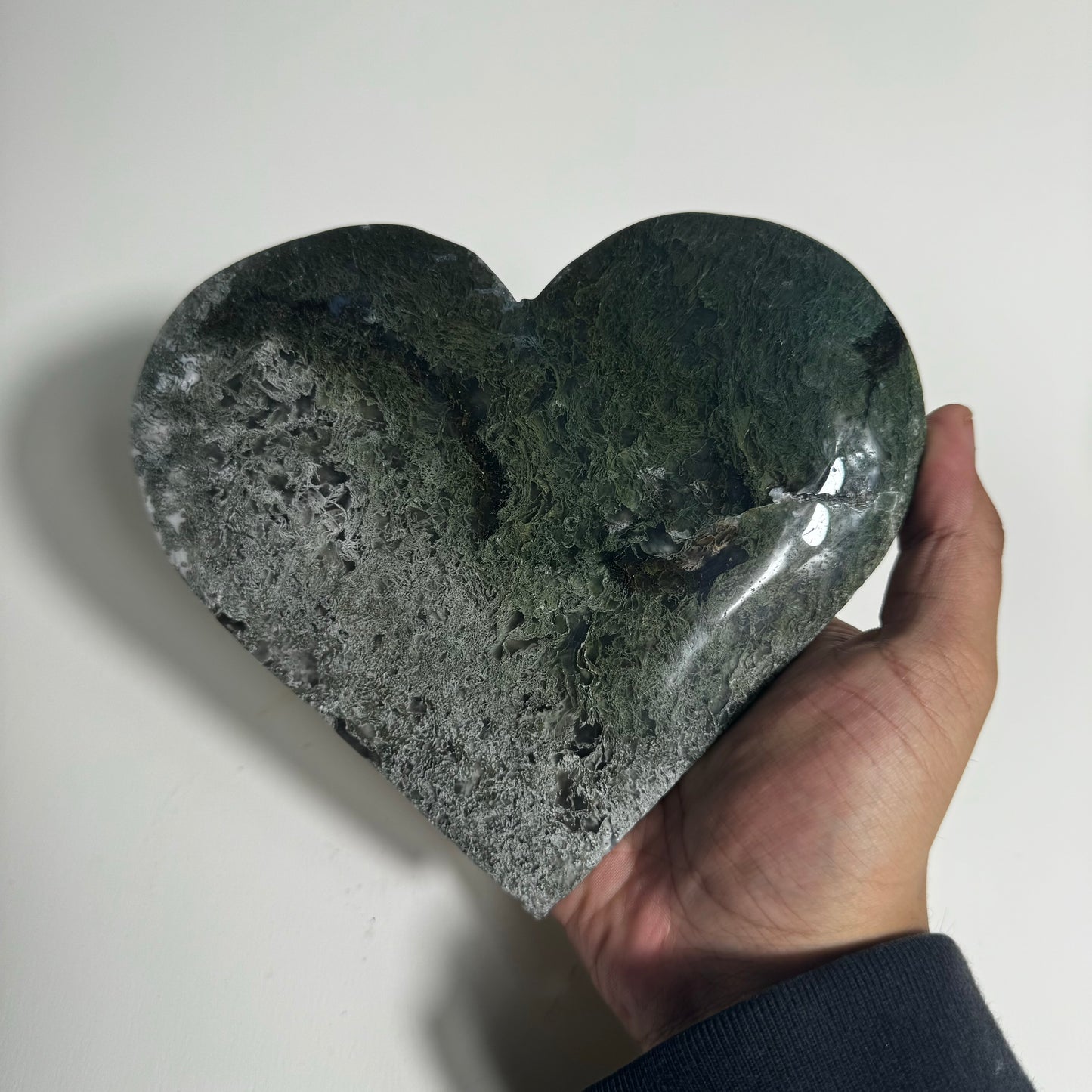 Moss Agate Heart Carving on Stand “K”