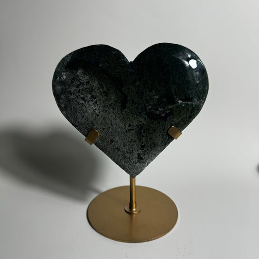 Moss Agate Heart Carving on Stand “K”