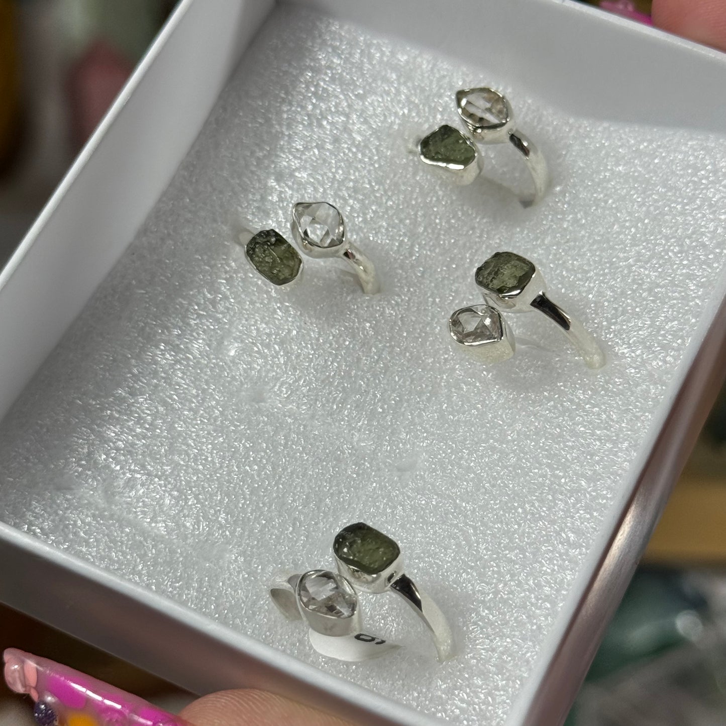 Moldavite and Herkimer Diamond Sterling Silver Adjustable Ring: You Choose