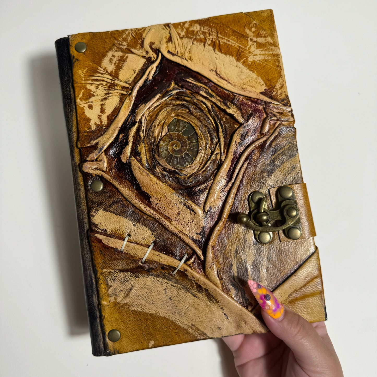 Handcrafted Recycled Leather Journal with Ammonite “Autumn”