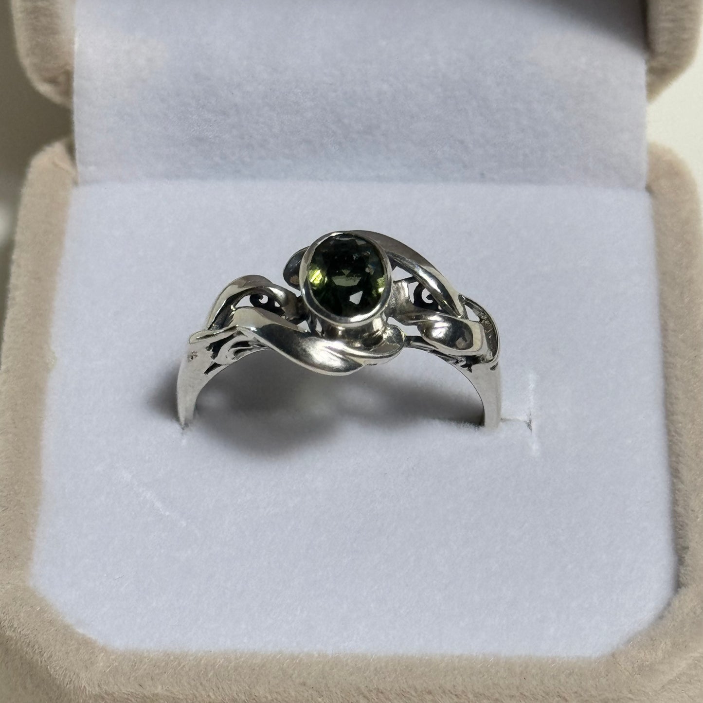 Moldavite Polished & Faceted Sterling Silver Ring (Size 6,10)