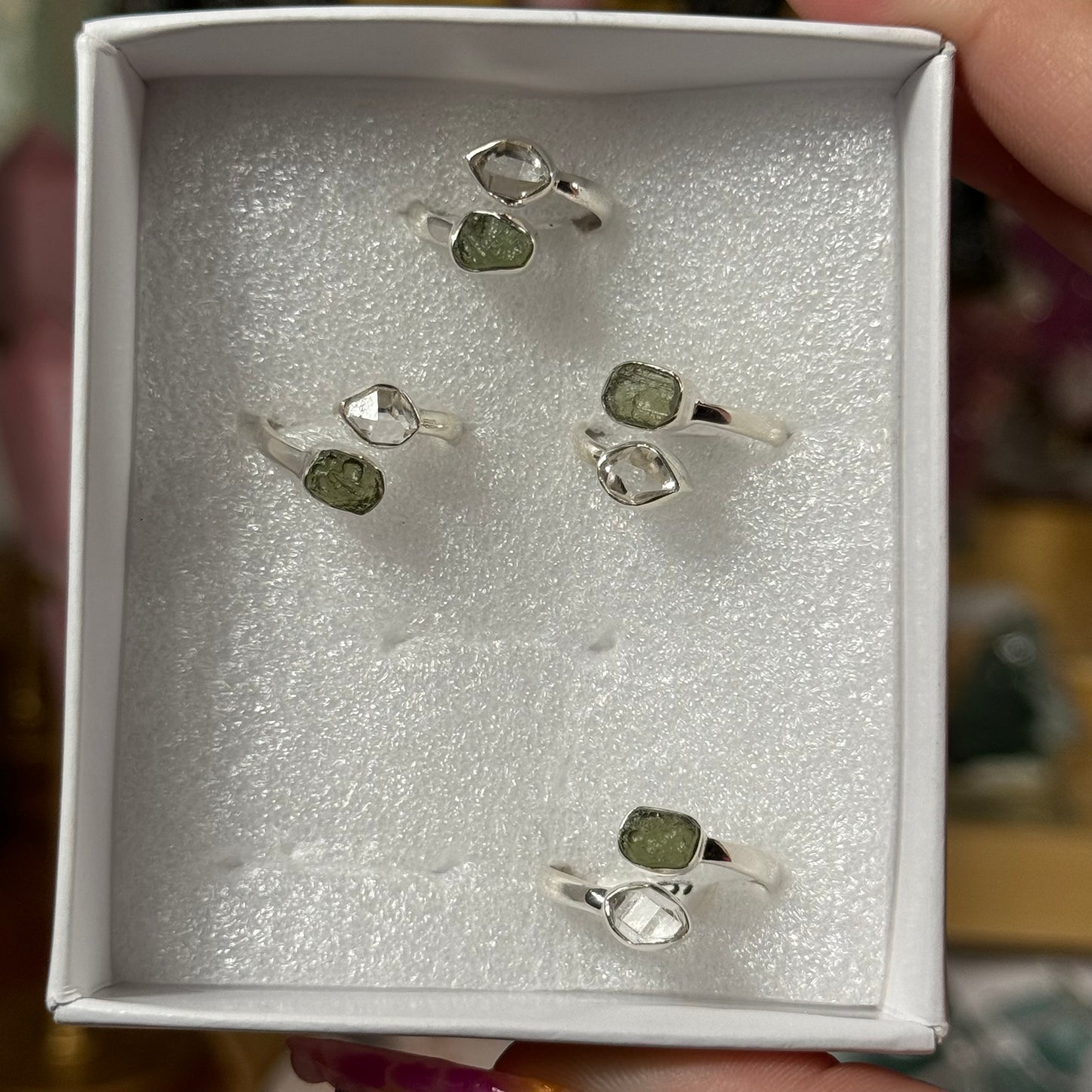 Moldavite and Herkimer Diamond Sterling Silver Adjustable Ring: You Choose