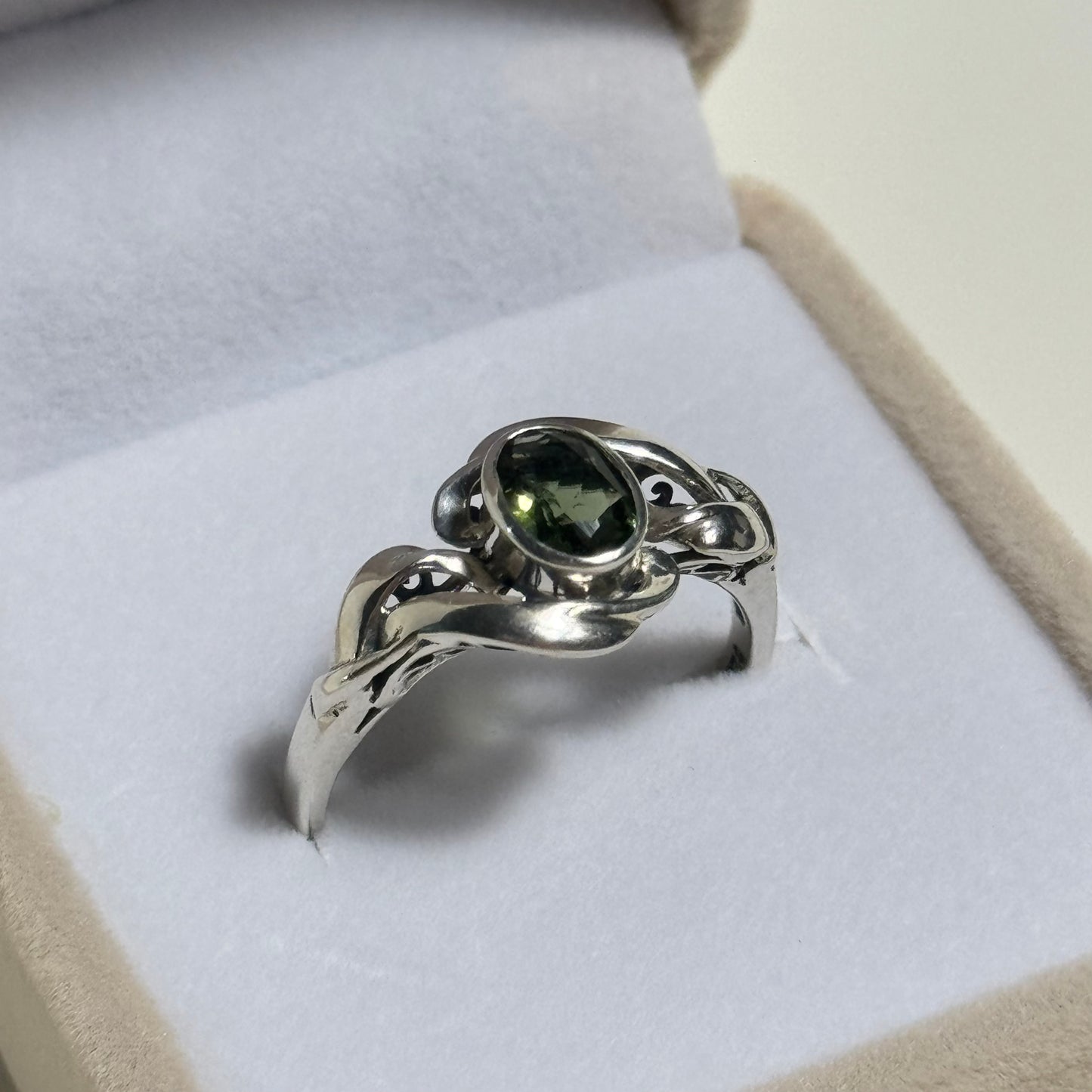 Moldavite Polished & Faceted Sterling Silver Ring (Size 6,10)